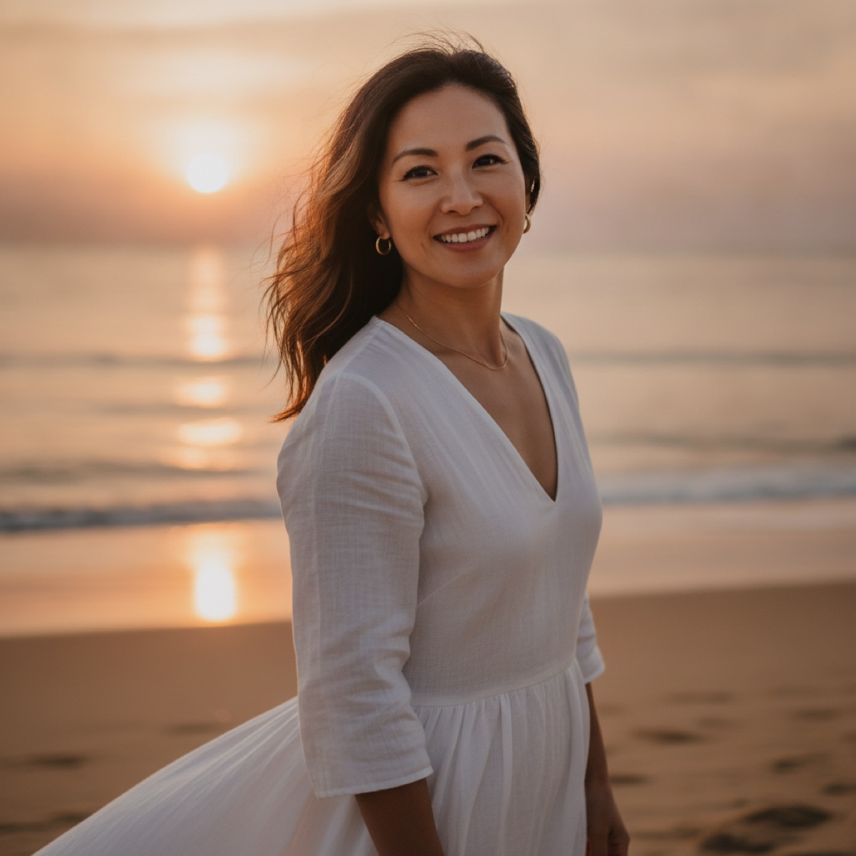 Maya Chen at the beach during golden hour